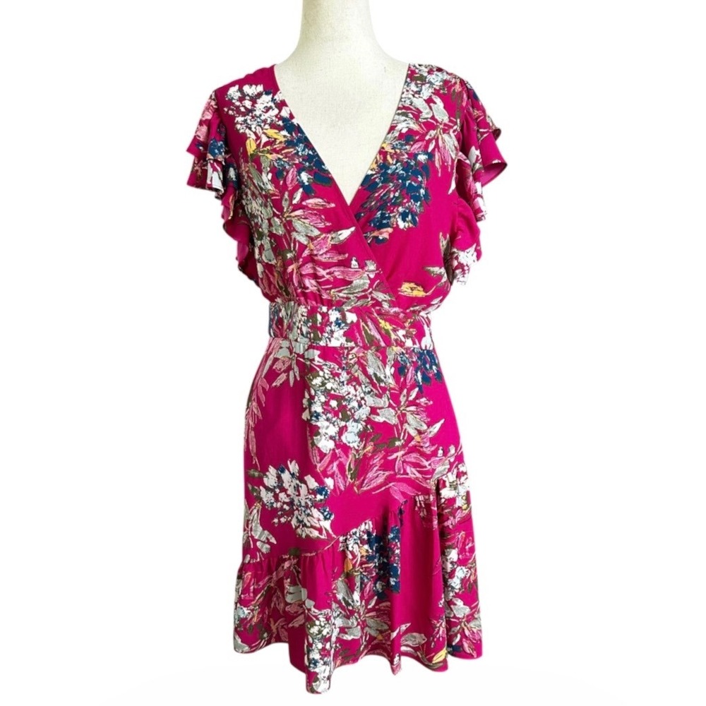 Rachel Roy Pink Floral Faux Wrap Ruffle Flutter Sleeve Dress Size 4 | 0120
